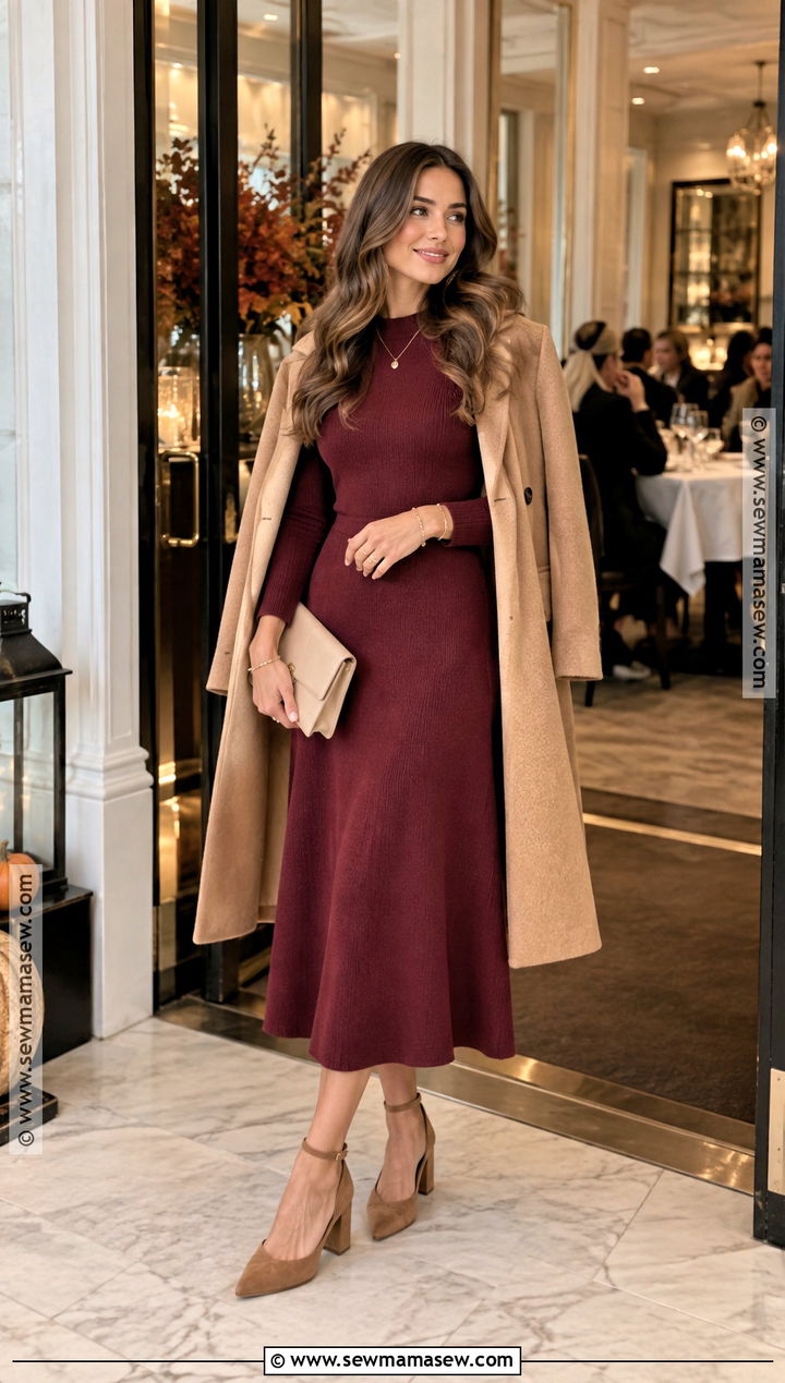 Burgundy Dress and Block Heels Thanksgiving Outfit - 20 outfits for thanksgiving for women