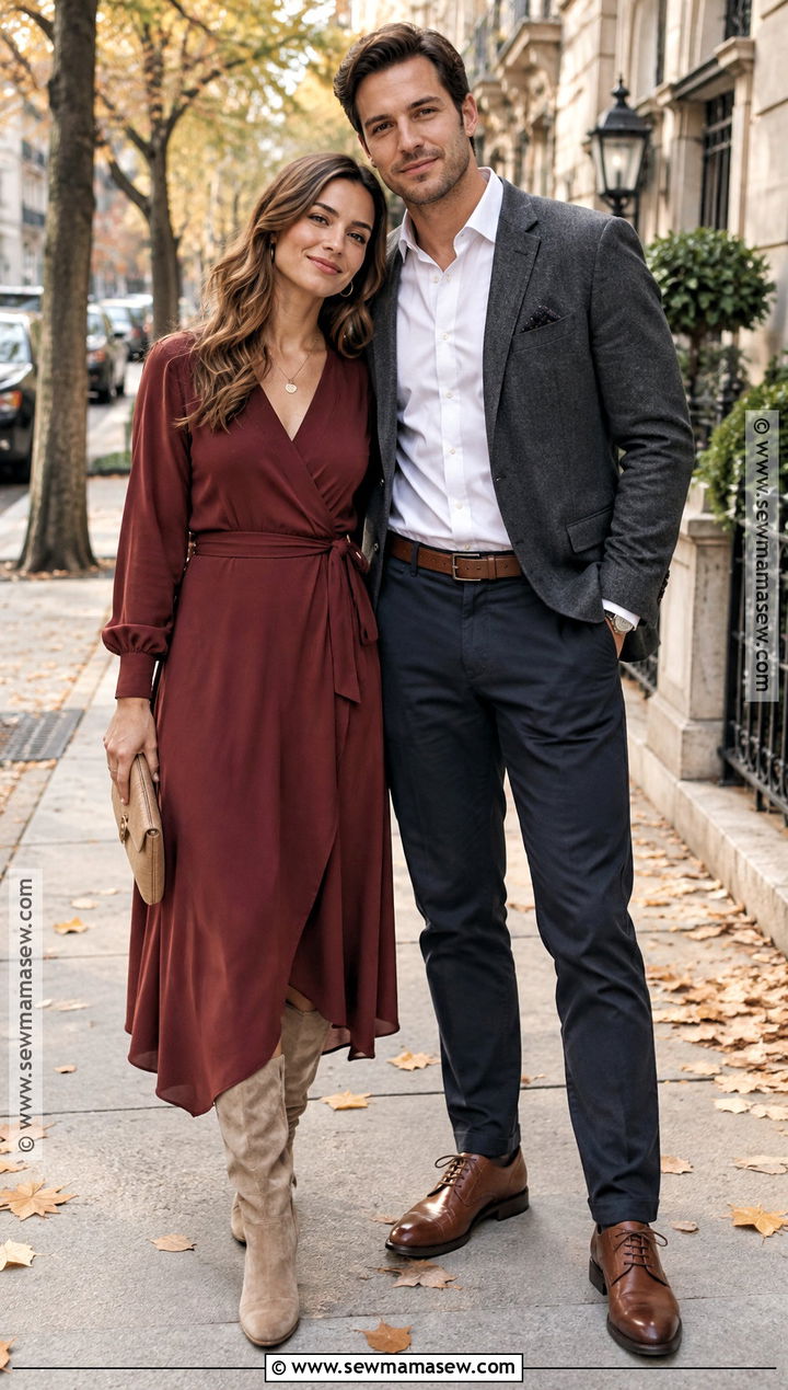 Burgundy Dress and Charcoal Blazer Fall Couple Outfit - 15 Fall Photos Couples Outfits