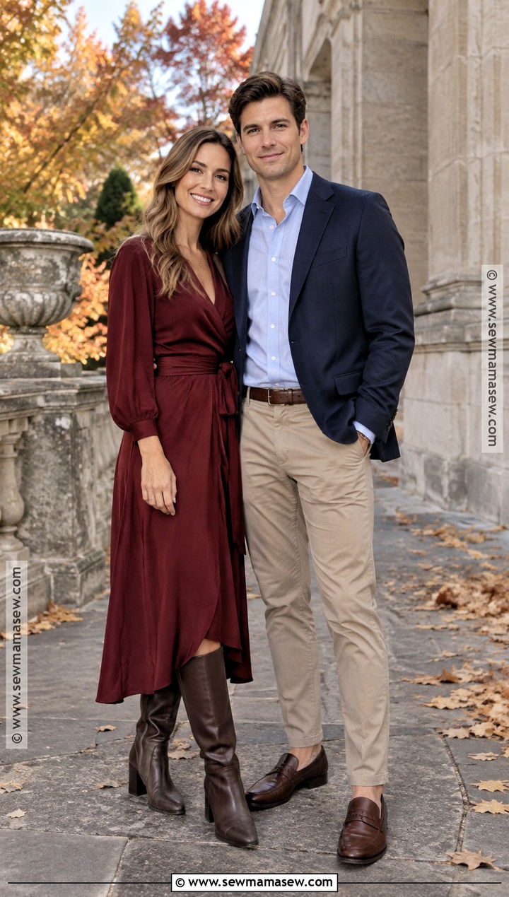 Burgundy Dress and Navy Blazer Fall Couple Outfit - 15 outfit ideas for couples photoshoot fall