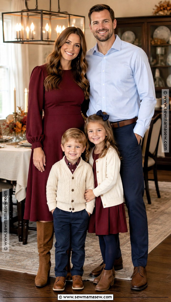 Burgundy Dress and Navy Chinos Thanksgiving Family Outfit - 25 thanksgiving family outfits