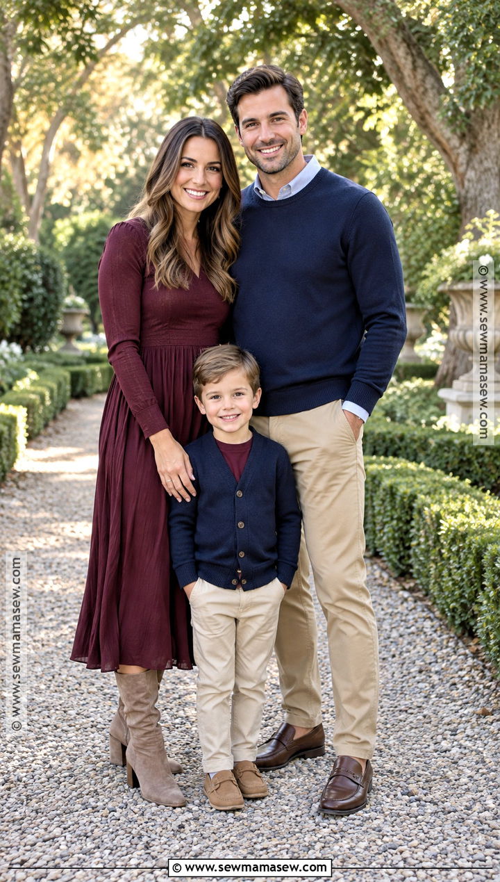 Burgundy Dress and Navy Layers Fall Family Photoshoot Outfit - 15 fall photoshoot outfits family of 3