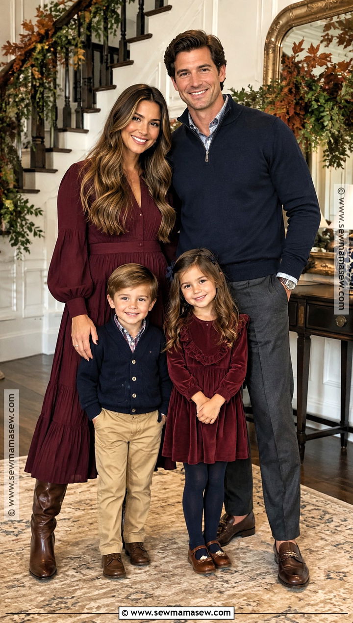Burgundy Dresses and Navy Layers Thanksgiving Family Outfit - 20 thanksgiving outfit ideas for family