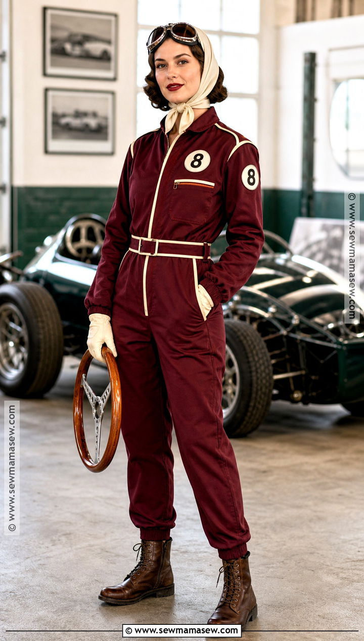 Burgundy F1 Driver Costume With Vintage Goggles - 30 F1 Driver Costume Ideas for Women