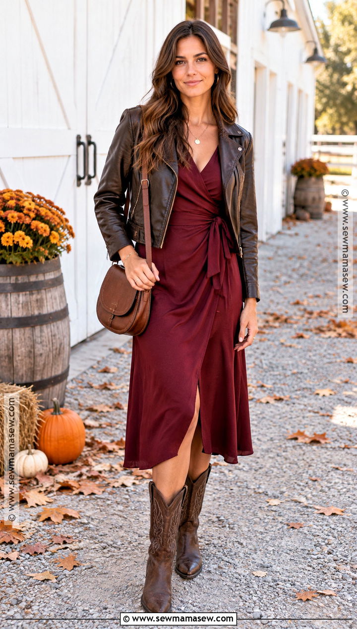 Burgundy Fall Country Dress With Western Boots - 15 Fall Country Dresses