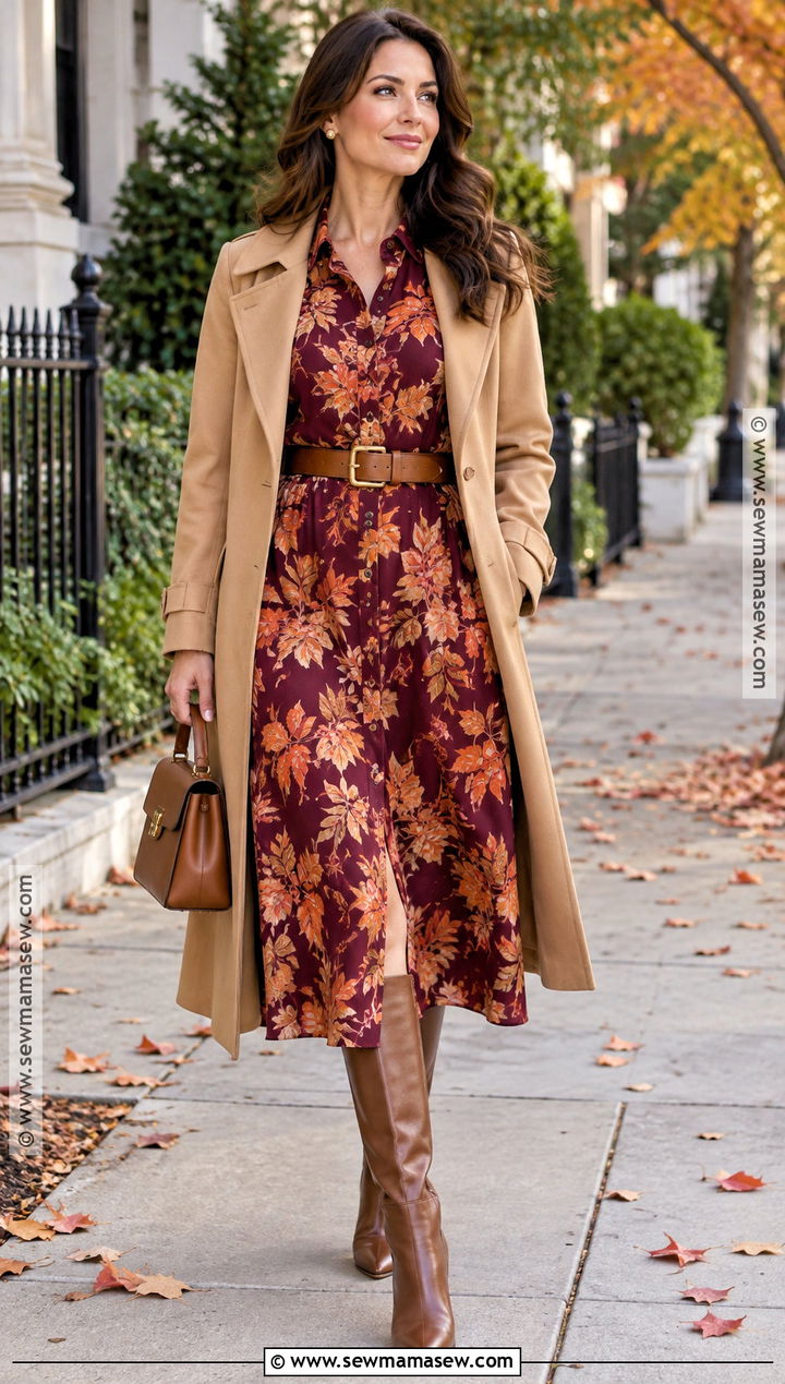 Burgundy Fall Leaves Shirt Dress With Tall Boots - 20 fall leaves dress ideas