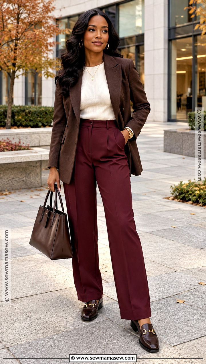Burgundy Fall Outfit With Tailored Trousers - 20 Sophisticated Fall Outfits