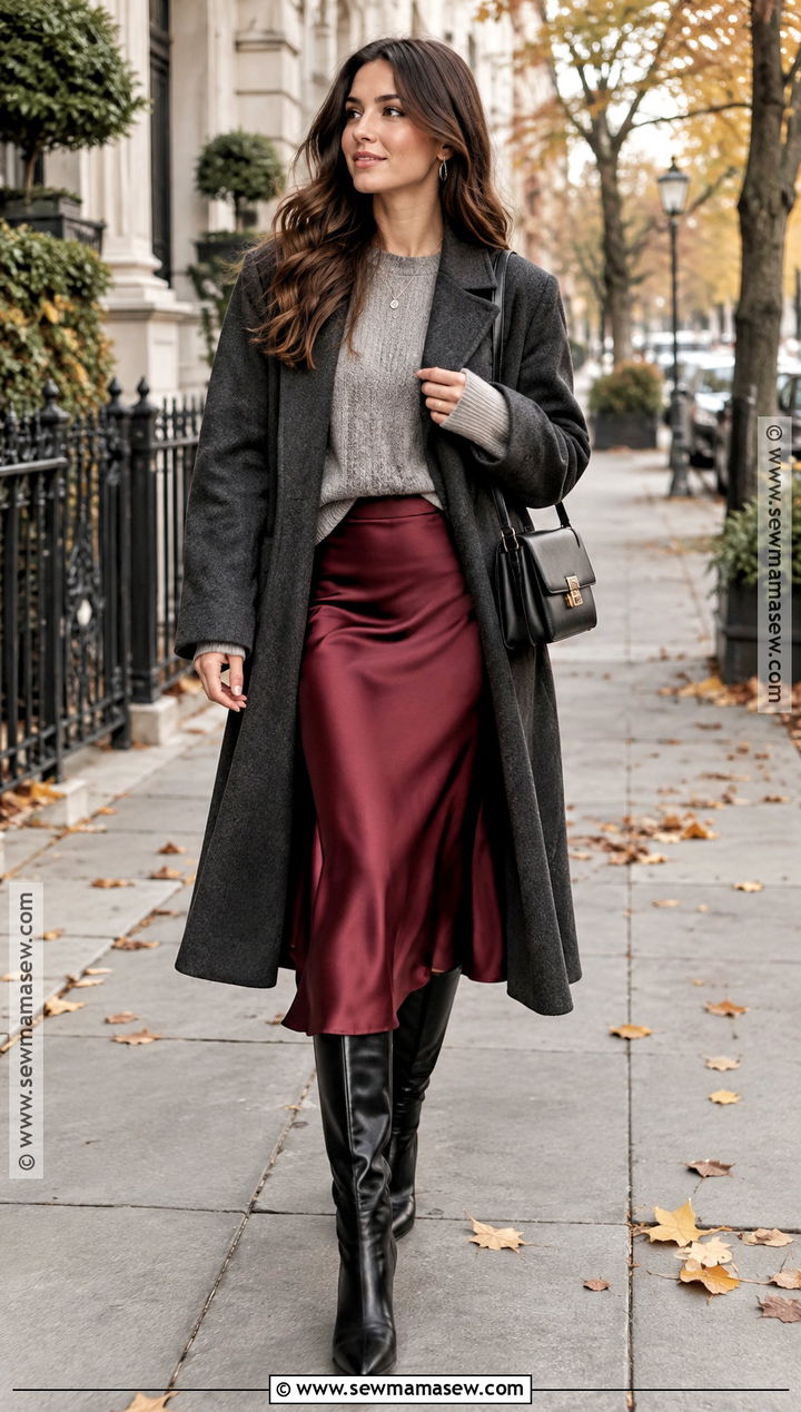 Burgundy Fall Outfit With a Midi Skirt - 25 fall outfit inspo aesthetic ideas