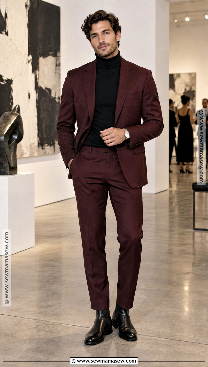 Burgundy Fall Suit With Black Turtleneck - 15 Formal Mens Fall Fashion Ideas