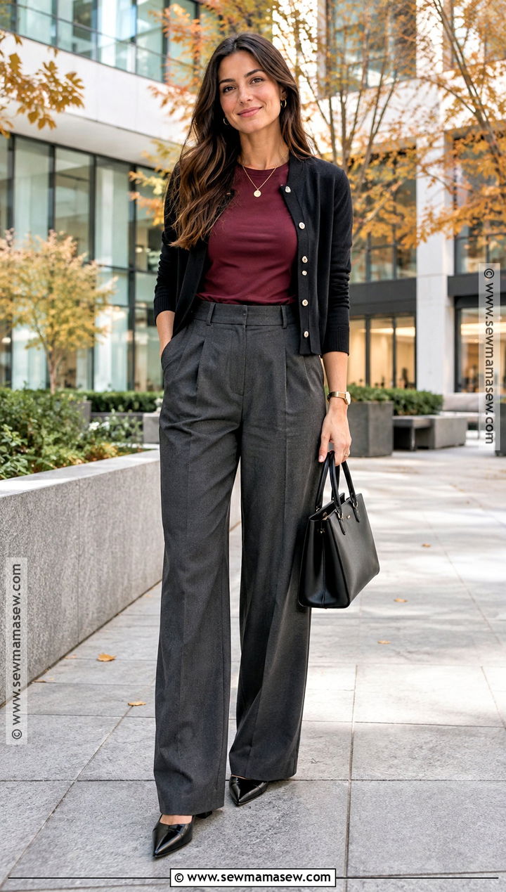 Burgundy Fall Tee Shirt With Wide Leg Trousers - 20 Fall Tee Shirts