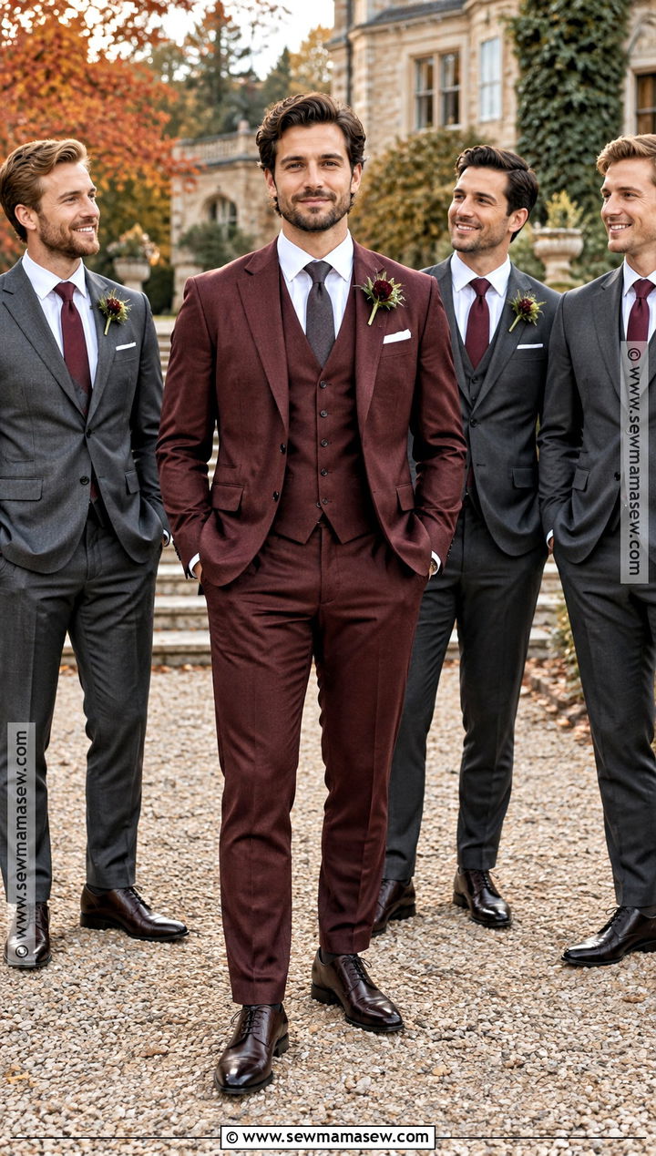 Burgundy Fall Wedding Suit With Charcoal Groomsmen - 15 fall mens wedding attire groom & groomsmen suits ideas