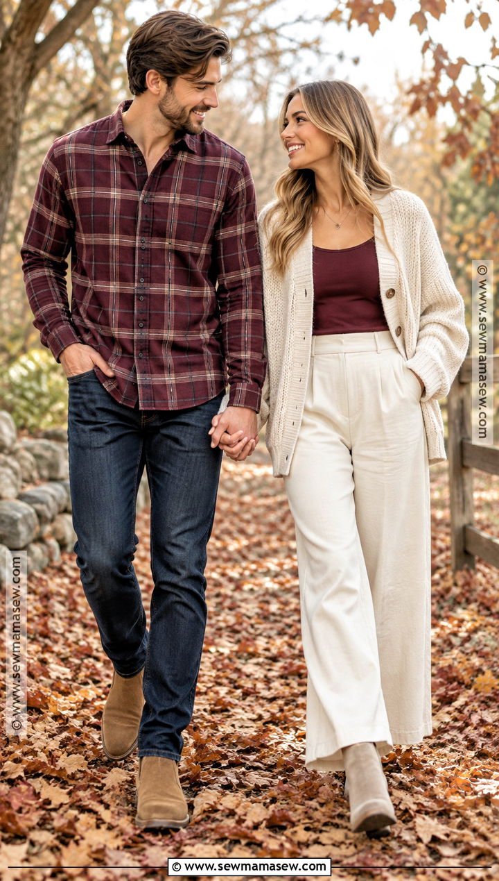 Burgundy Flannel And Oatmeal Cardigan Couples Outfit - 15 couples fall photoshoot outfits flannel