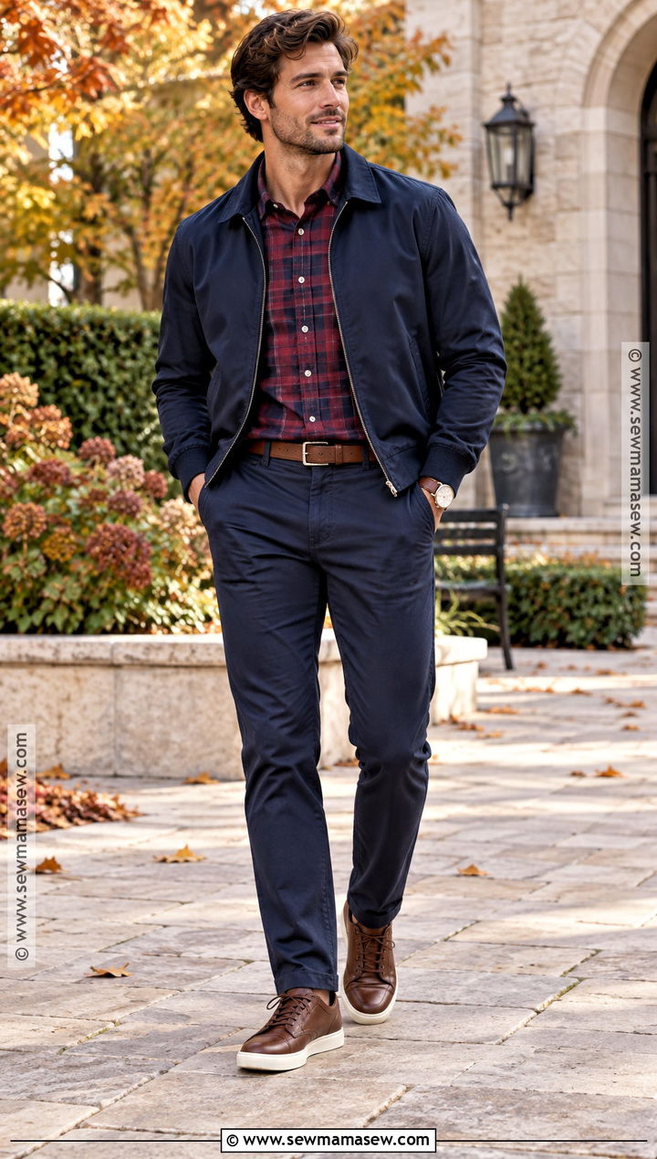 Burgundy Flannel Outfit With Navy Chinos - 15 guys fall outfits flannel