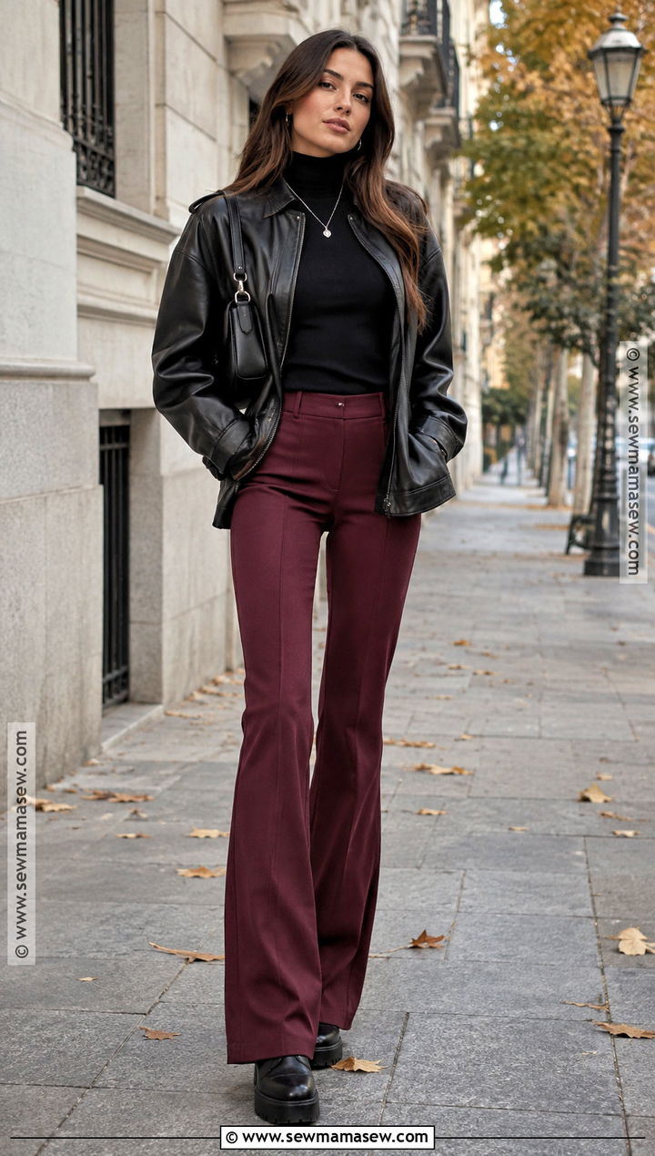 Burgundy Flared Leggings With Leather Jacket And Boots - 20 Flared Leggings Outfit Autumn