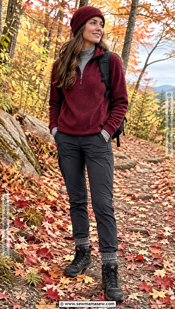 Burgundy Fleece And Gray Hiking Pants Outfit - 25 fall hiking outfits