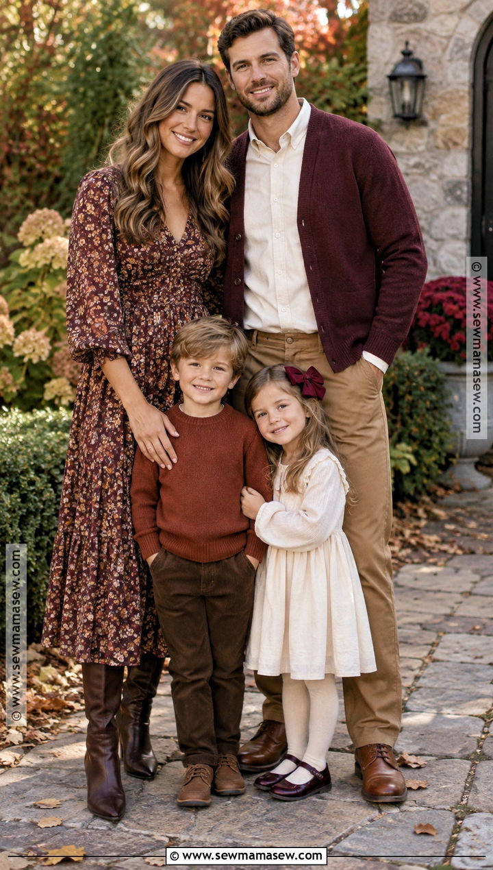 Burgundy Floral And Brown Fall Family Photo Outfit - 20 fall outfit photoshoot family pics ideas