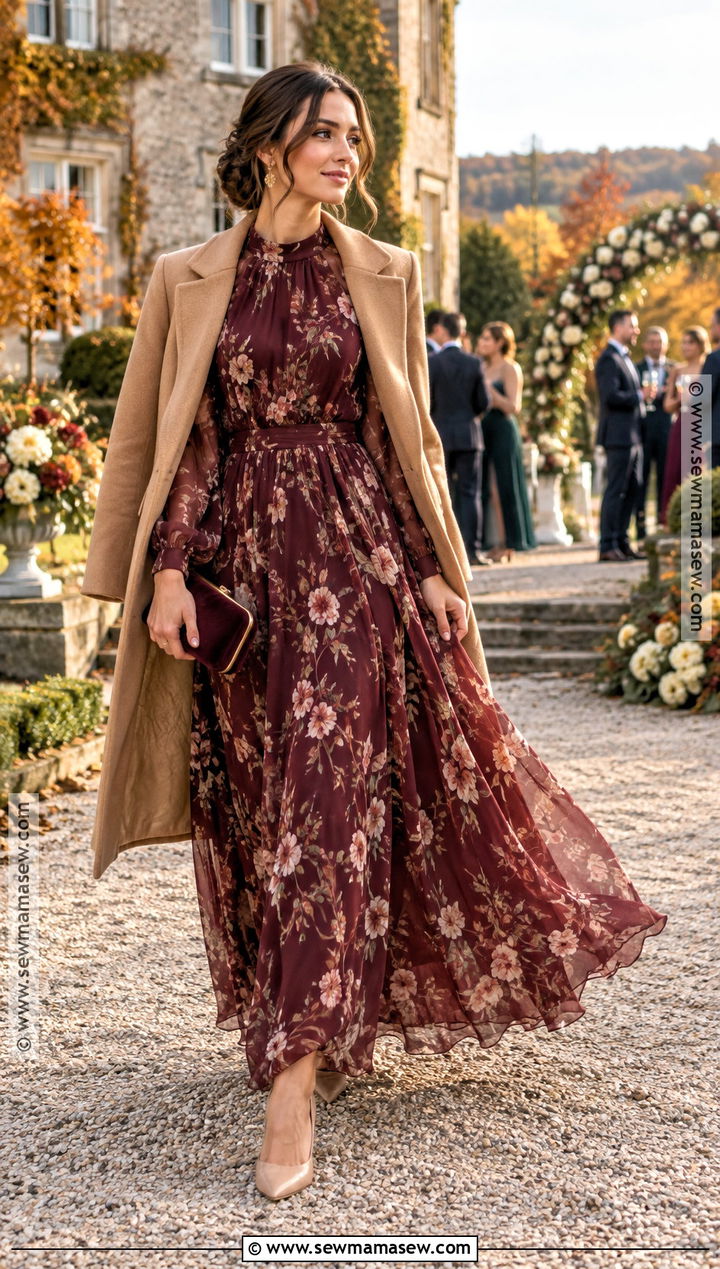 Burgundy Floral Chiffon Maxi Dress - 20 wedding thanksgiving dress ideas