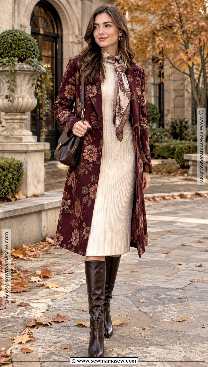 Burgundy Floral Coat With Knit Dress And Knee High Boots - 15 autumn floral coat style ideas