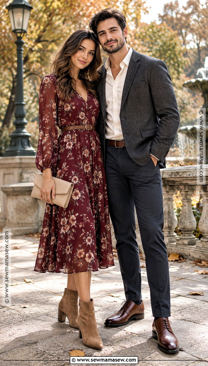 Burgundy Floral Dress And Charcoal Blazer Fall Couple Outfit - 15 coordinating couple outfits for pictures fall