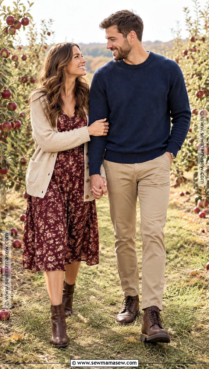 Burgundy Floral Dress And Navy Sweater Fall Couple Outfit - 15 fall outfit ideas for couple pictures