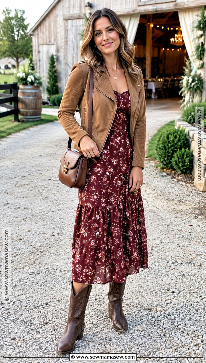 Burgundy Floral Dress With Cowboy Boots - 15 Fall Wedding Guest Dress Casual Outdoor Ideas