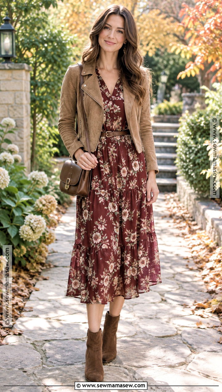 Burgundy Floral Dress With Suede Jacket - 25 burgundy fall outfits