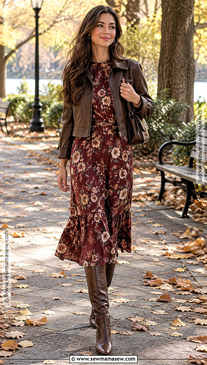 Burgundy Floral Dress With Tall Boots - 15 Fall Themed Dresses