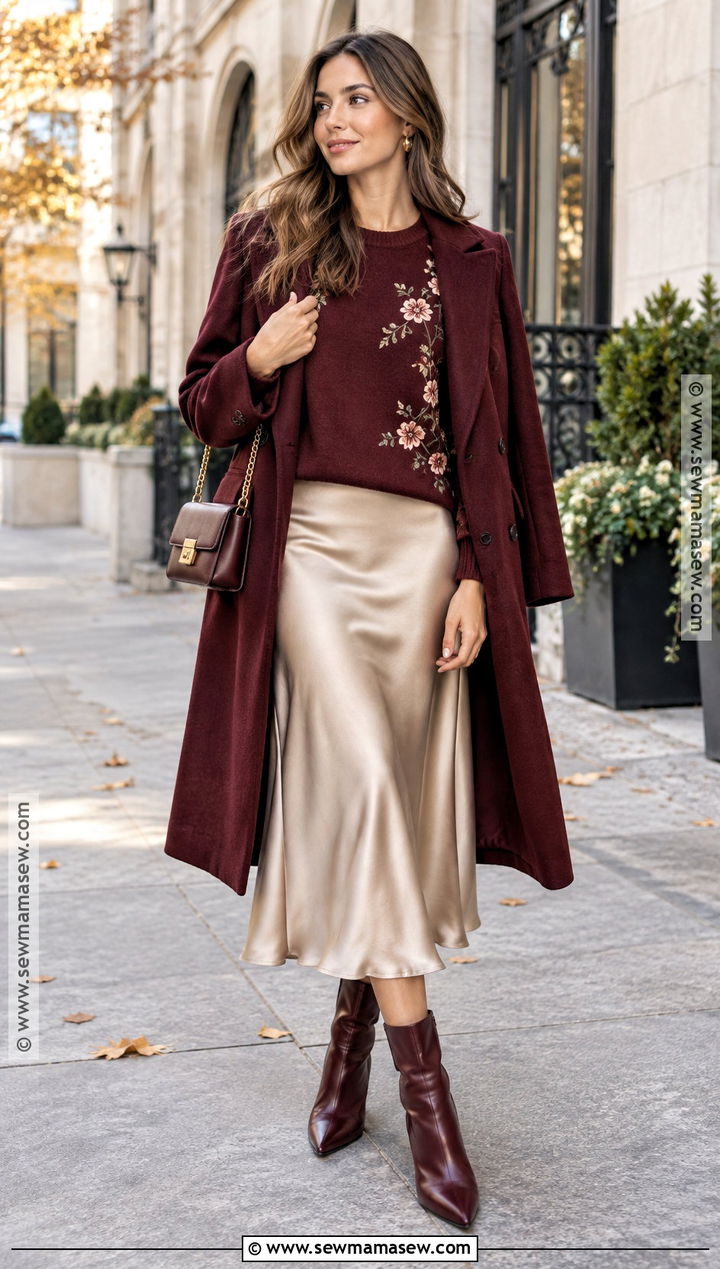 Burgundy Floral Embroidered Sweatshirt Outfit With Satin Skirt - 20 Fall Embroidered Sweatshirts Ideas