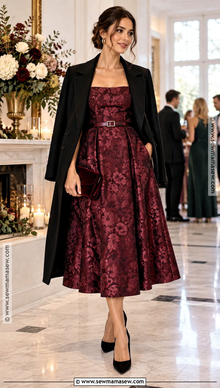 Burgundy Floral Jacquard Wedding Guest Dress - 15 Fall Winter Wedding Dresses