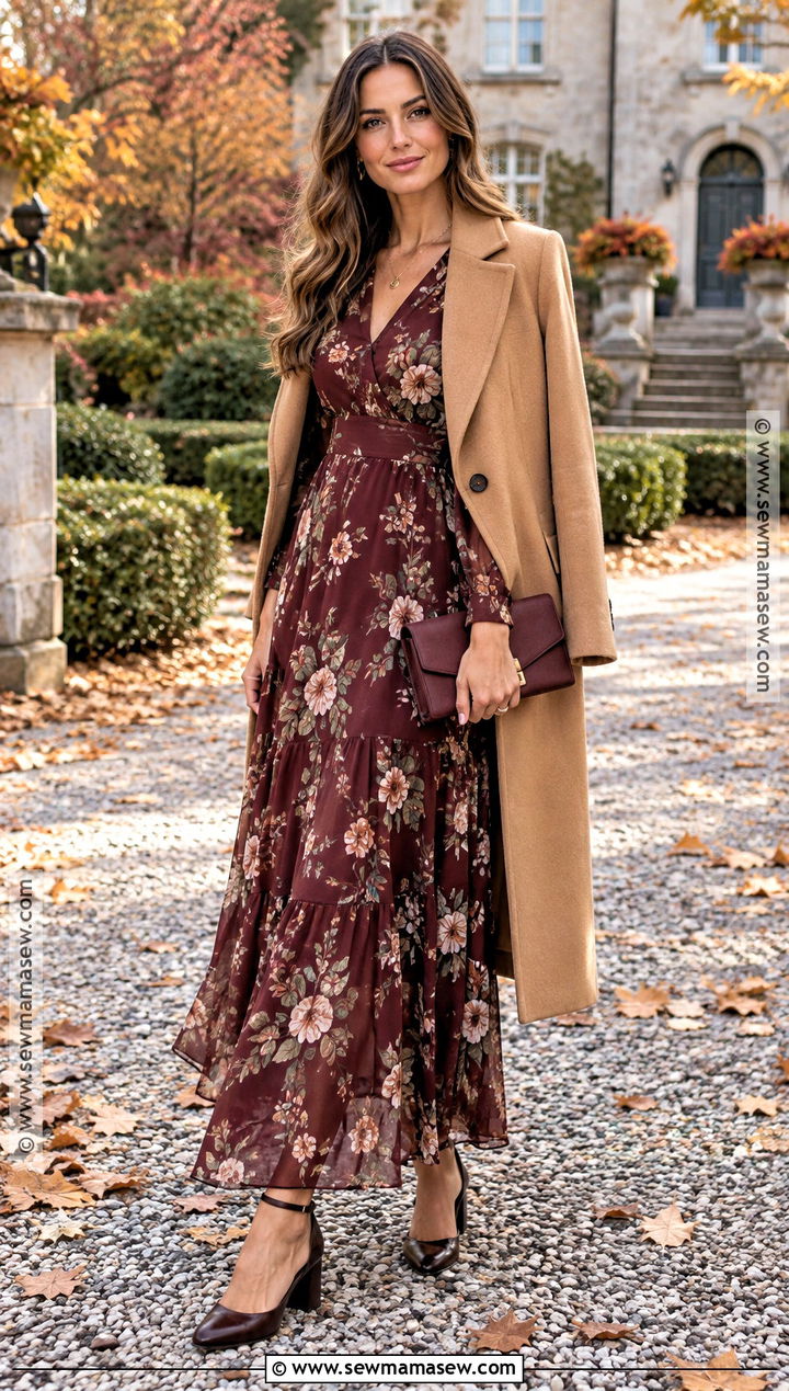Burgundy Floral Long Sleeve Fall Wedding Guest Dress - 15 fall wedding guest dress ideas