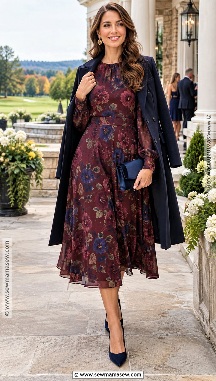 Burgundy Floral Long Sleeve Fall Wedding Guest Dress - 15 fall dresses wedding