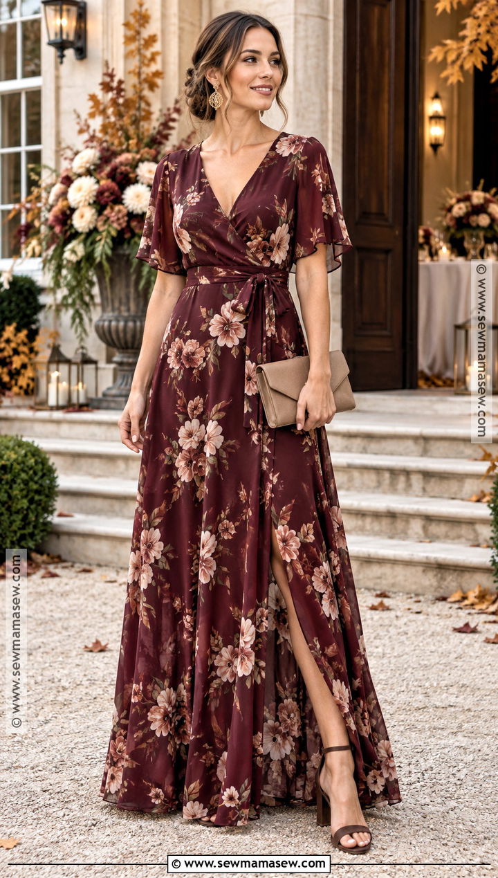 Burgundy Floral Maxi Bridesmaid Dress - 15 Fall Patterned Bridesmaid Dresses