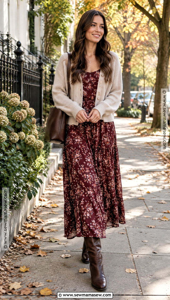 Burgundy Floral Maxi Dress With Cardigan - 15 Fall Floral Dress Outfit Ideas