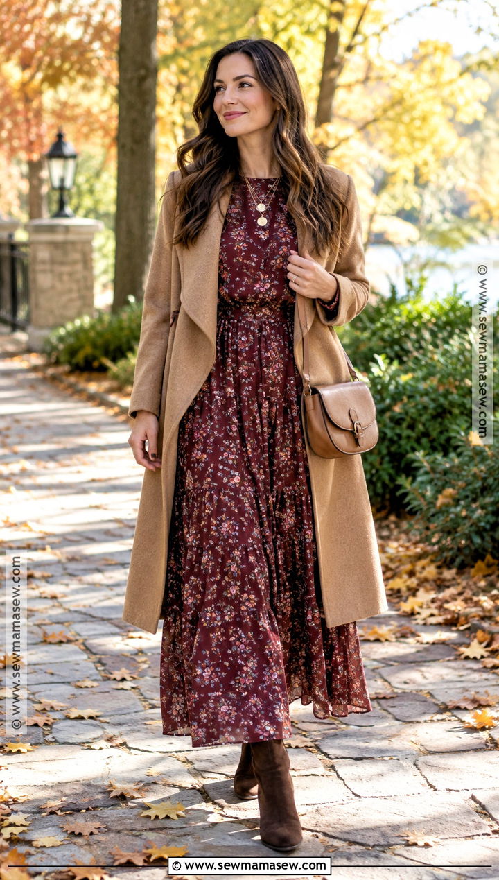 Burgundy Floral Maxi Dress With Suede Boots - 15 Floral Autumn Dresses