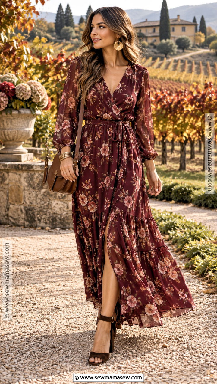 Burgundy Floral Maxi Dress With Suede Heels - 15 boho wedding guest dress fall ideas