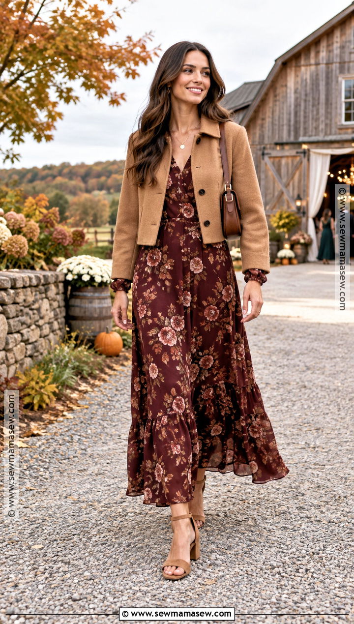 Burgundy Floral Maxi Fall Wedding Guest Dress - 15 Casual Wedding Guest Dress Fall Ideas
