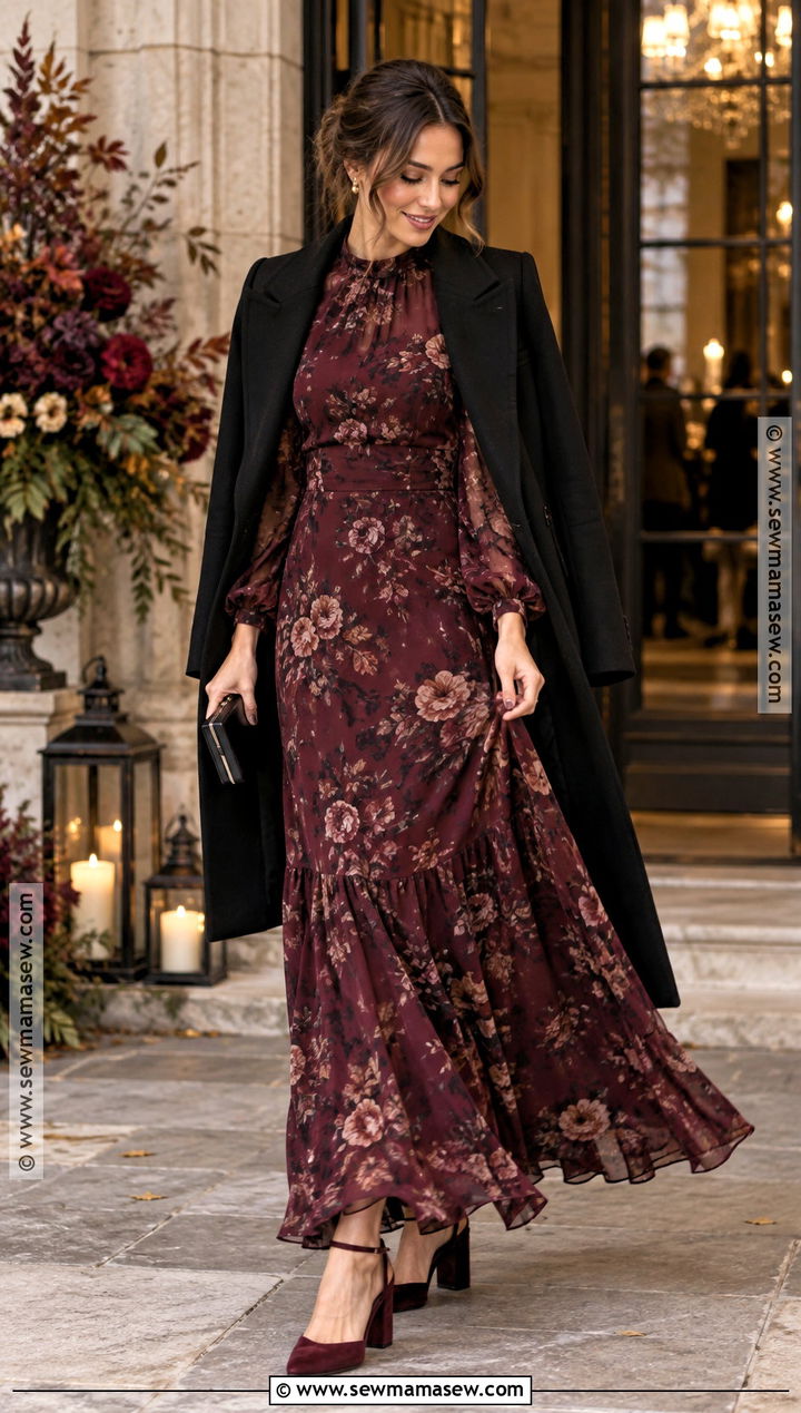 Burgundy Floral Maxi November Wedding Guest Dress - 25 november wedding guest dress ideas