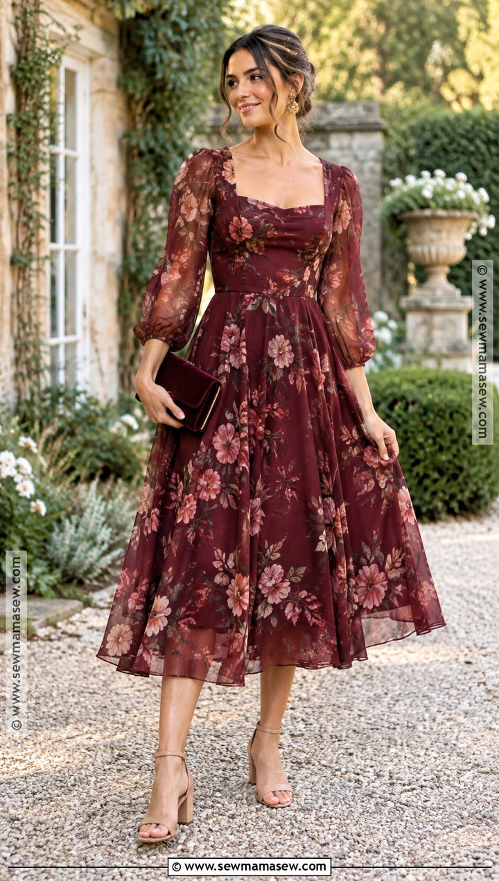 Burgundy Floral Midi Bridesmaid Dress - 25 fall bridesmaid dresses