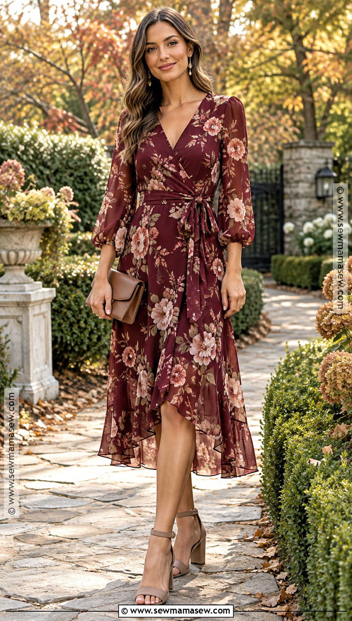 Burgundy Floral Midi Dress - 20 fall garden wedding guest dress ideas