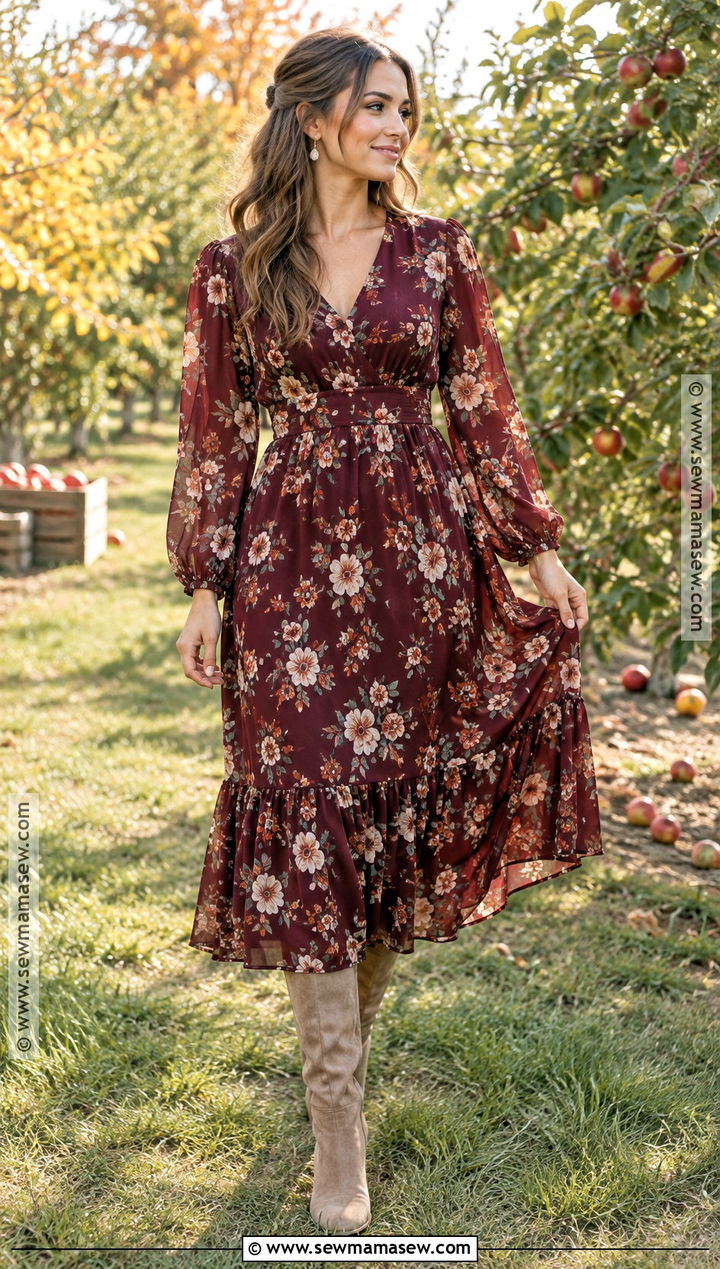 Burgundy Floral Midi Dress And Suede Boots For Fall Family Photos - 20 Fall Dress For Family Photos Ideas
