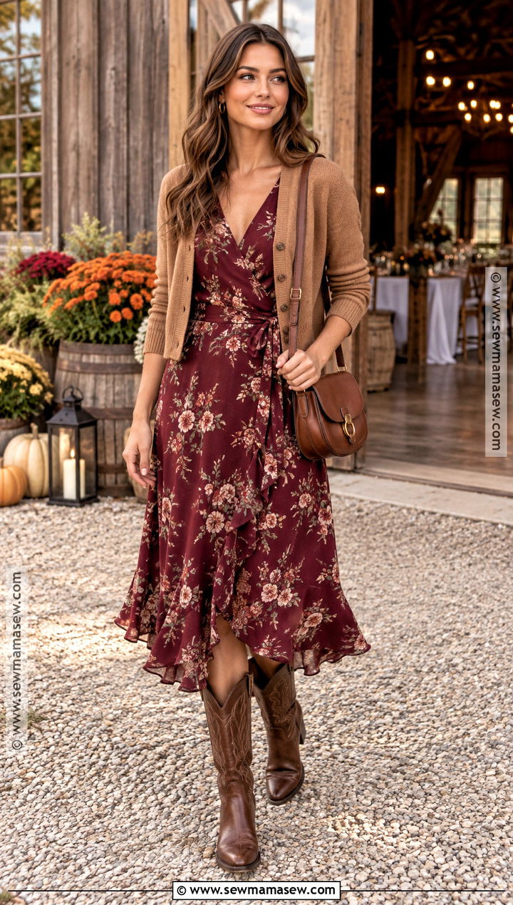 Burgundy Floral Midi Dress Country Wedding Guest Outfit - 15 country fall wedding outfit guest ideas