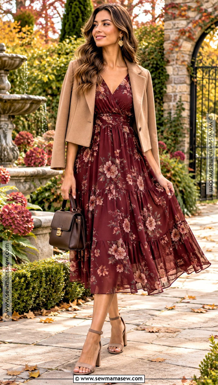 Burgundy Floral Midi Dress Outfit - 20 fall garden party wedding outfit guest ideas