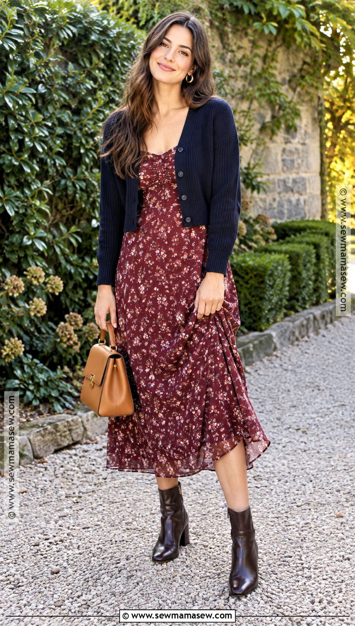 Burgundy Floral Midi Dress Wedding Guest Outfit - 20 fall casual wedding guest attire ideas