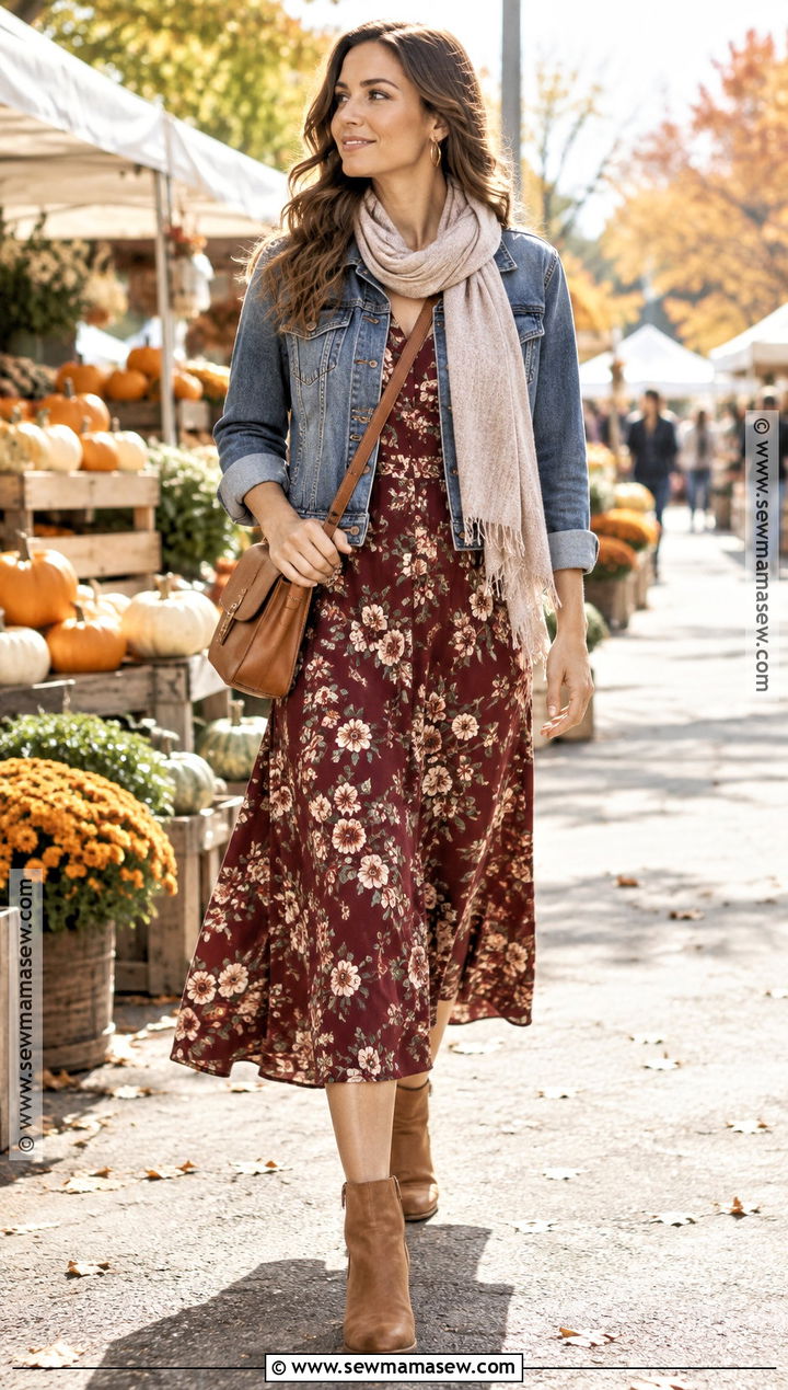 Burgundy Floral Midi Dress With Denim Jacket - 15 Burgundy Dress Fall Fashion Ideas