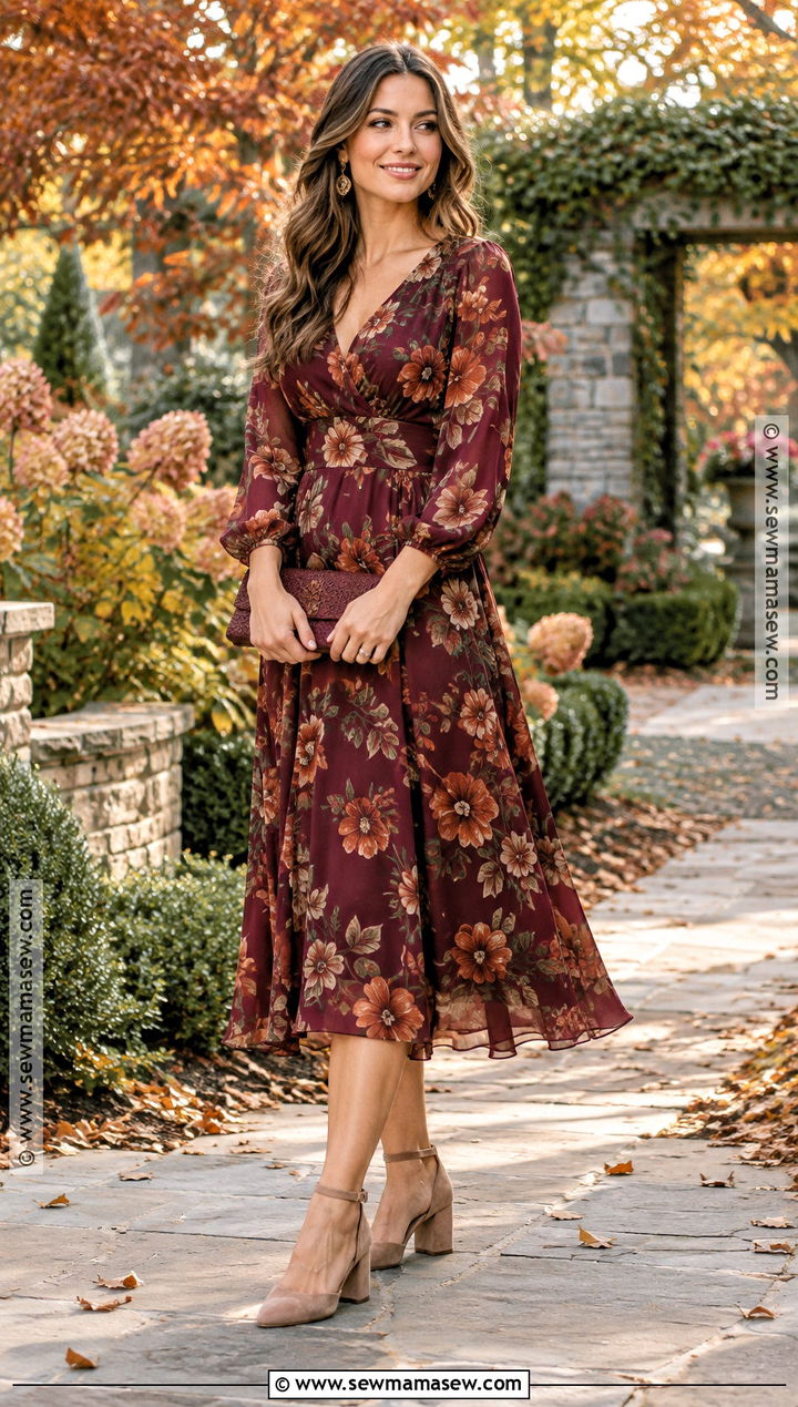 Burgundy Floral Midi Dress - 15 Fall Garden Wedding Dress Ideas