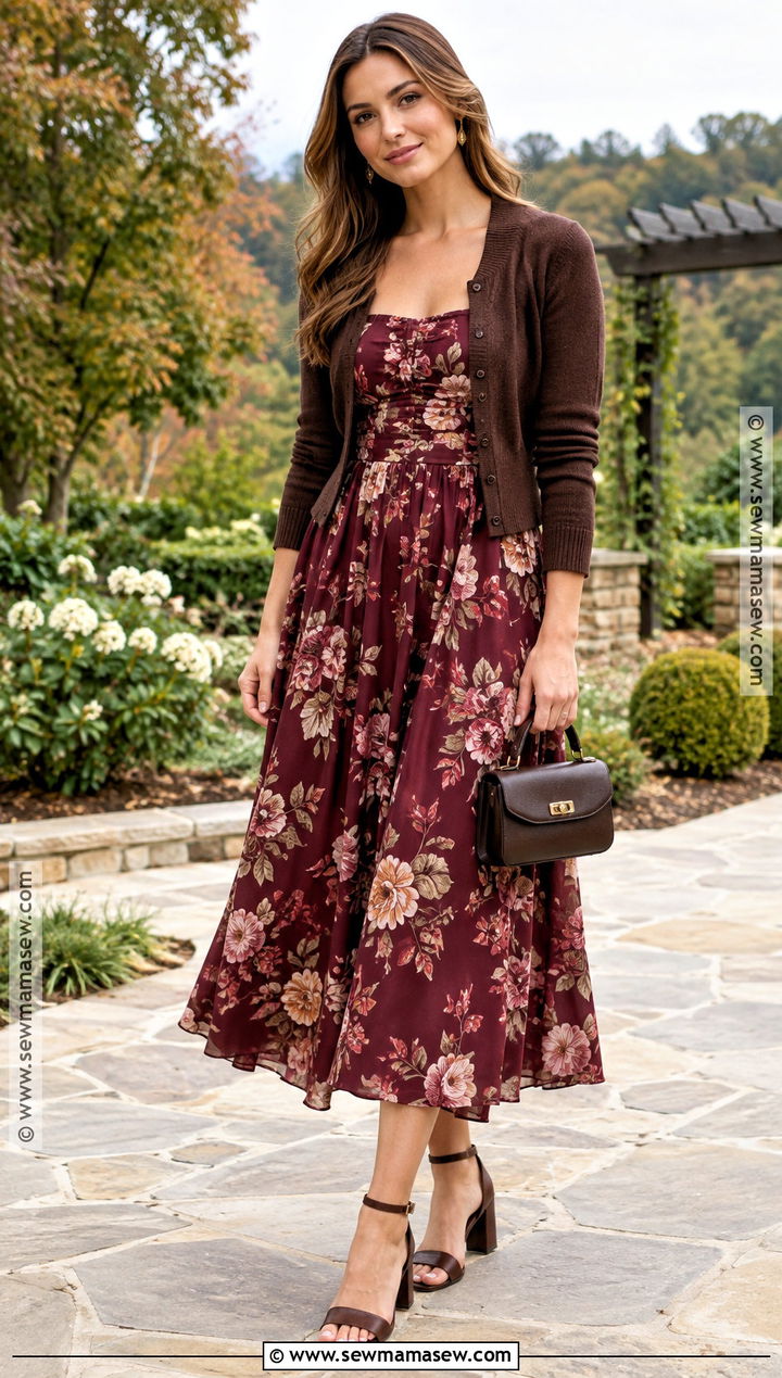 Burgundy Floral Midi Fall Wedding Guest Dress - 20 casual fall wedding guest dress ideas