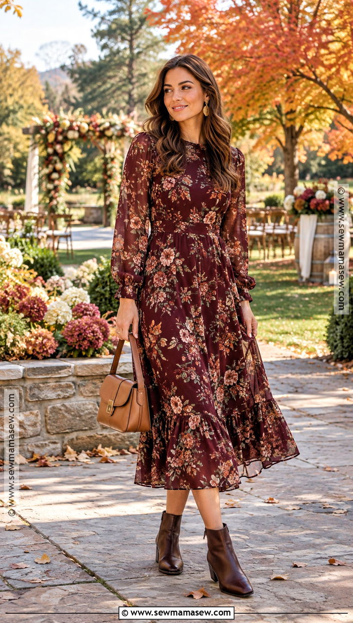 Burgundy Floral Midi Fall Wedding Guest Outfit - 20 fall wedding guest outfit casual ideas