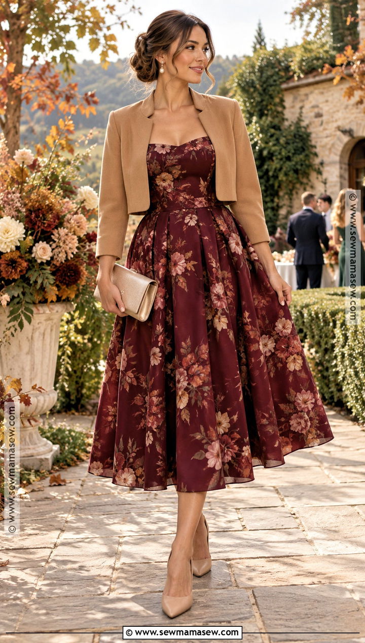 Burgundy Floral Tea Length Wedding Guest Dress - 25 wedding guest dress autumn ideas