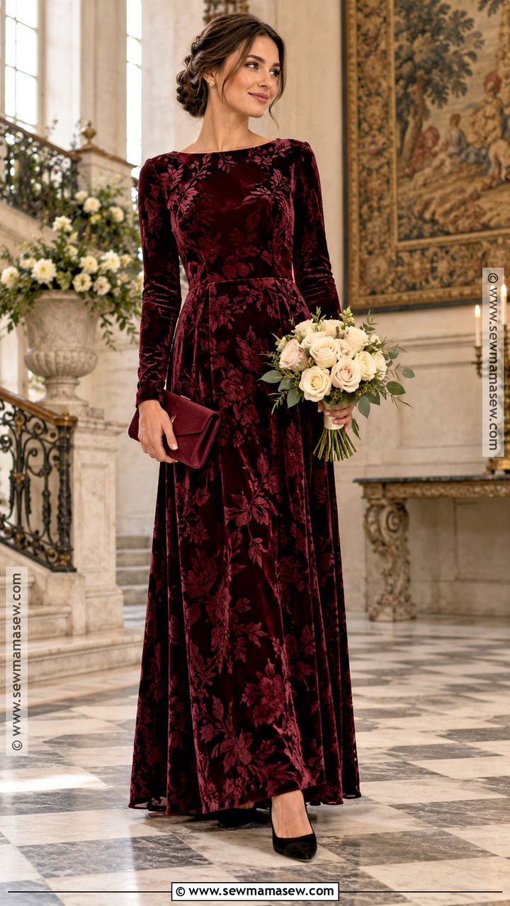 Burgundy Floral Velvet Bridesmaid Dress - 20 november wedding bridesmaid dress ideas