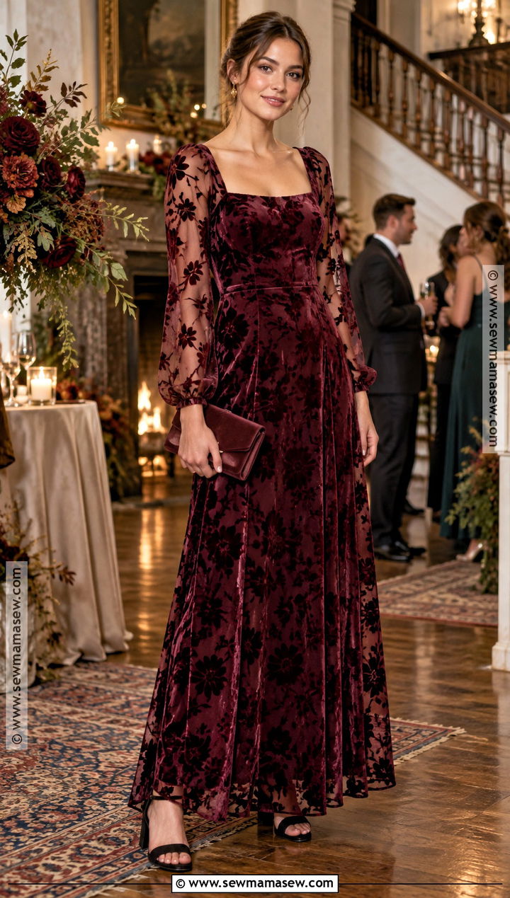 Burgundy Floral Velvet Bridesmaid Dress - 20 bridesmaid dresses autumn
