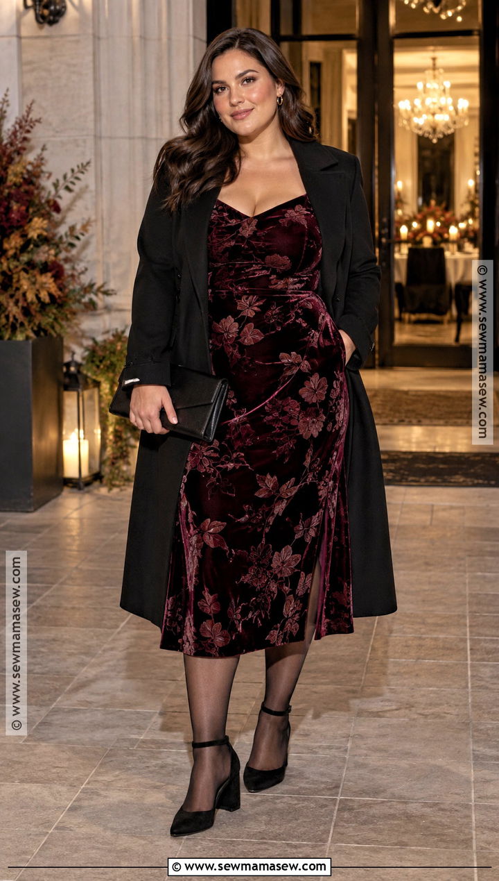 Burgundy Floral Velvet Fall Wedding Guest Dress - 25 wedding guest dress fall ideas